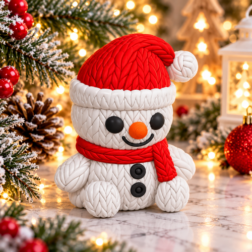 Bonhomme de neige imprimé en 3D avec bonnet rouge, écharpe et finition effet tricot