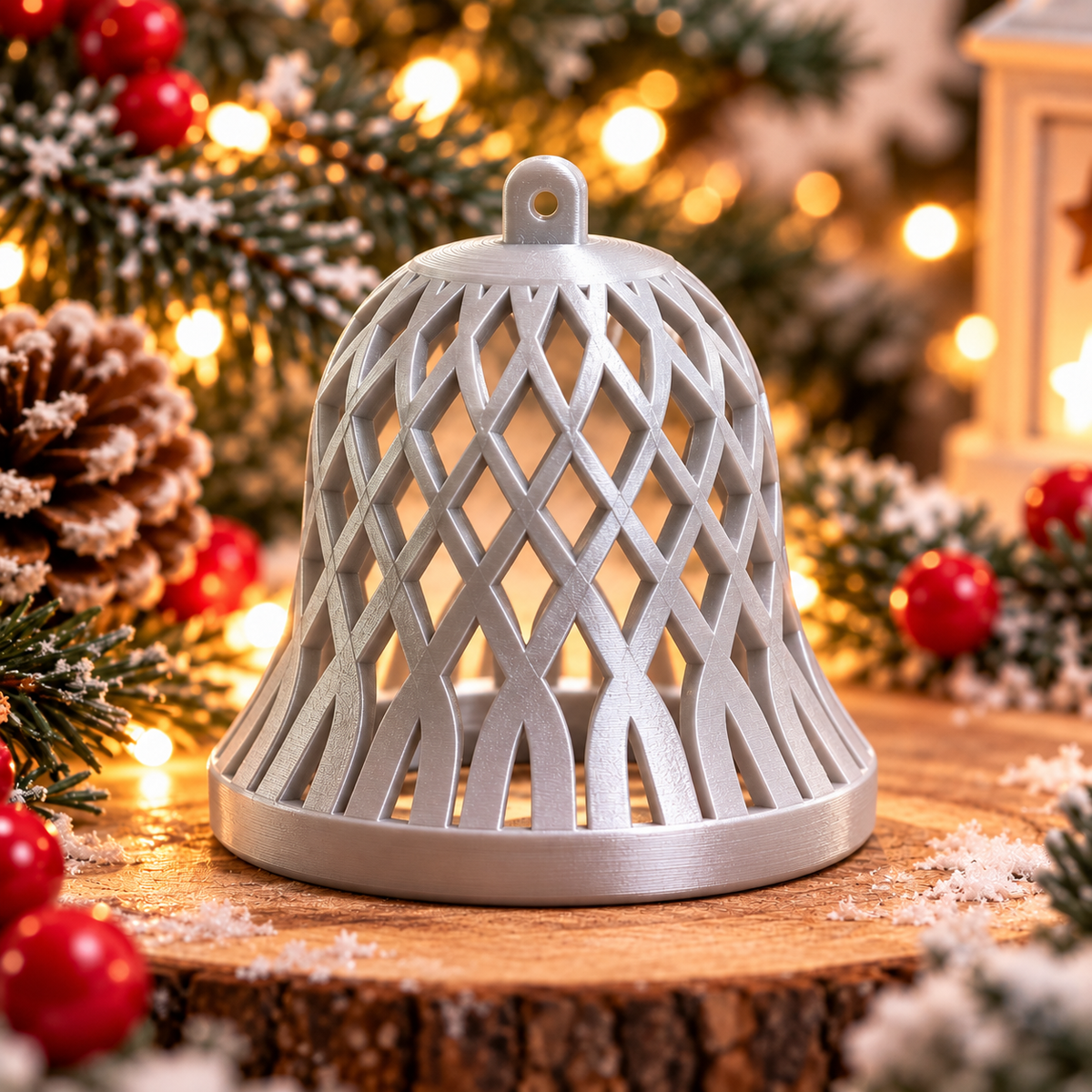 Cloche décorative de Noël tressée argent silk, montrée seule, avec un motif ajouré entrecroisé et un anneau de suspension.