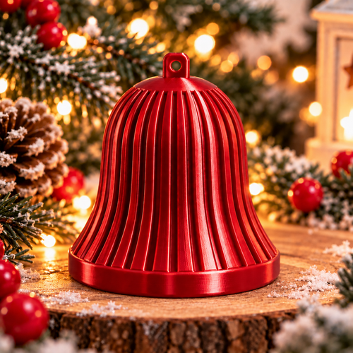 Cloche décorative de Noël cannelée rouge silk, présentée seule, avec des lignes verticales en relief et un anneau de suspension. 