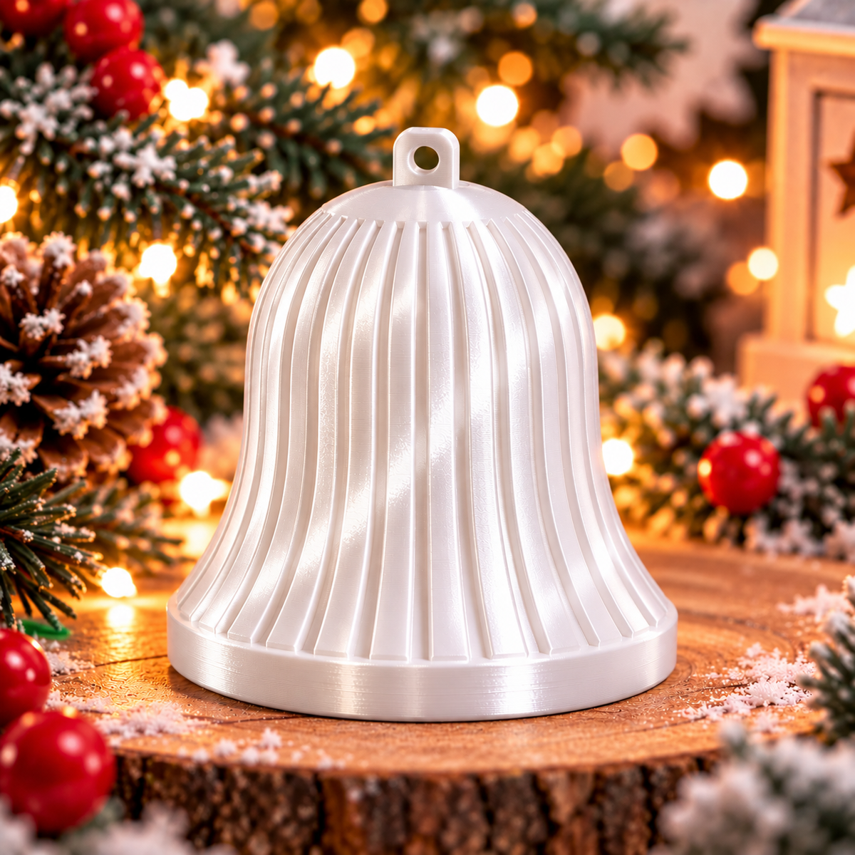 Cloche décorative de Noël cannelée blanc silk, présentée seule, avec des lignes verticales en relief et un anneau de suspension. 