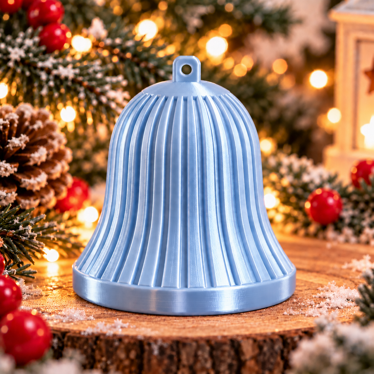 Cloche décorative de Noël cannelée bleu pâle silk, présentée seule, avec des lignes verticales en relief et un anneau de suspension. 