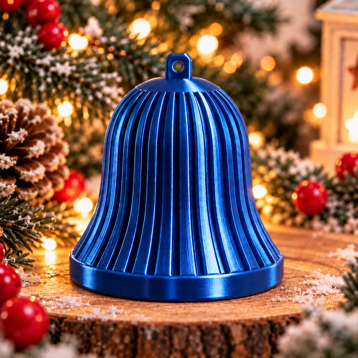 Cloche décorative de Noël cannelée bleu silk, présentée seule, avec des lignes verticales en relief et un anneau de suspension. 