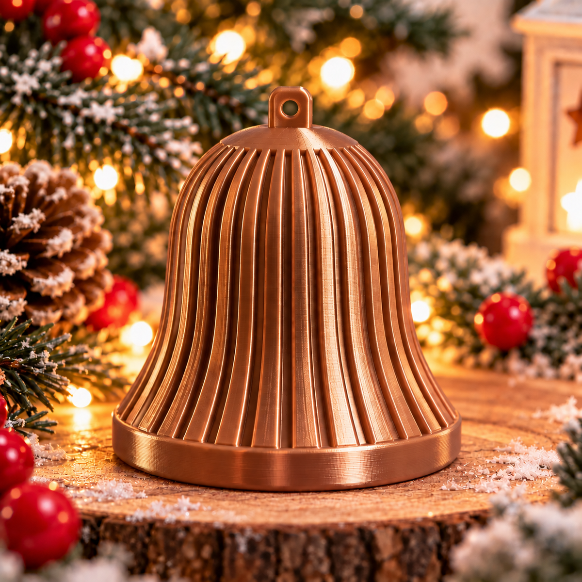 Cloche décorative de Noël cannelée bronze silk, présentée seule, avec des lignes verticales en relief et un anneau de suspension. 