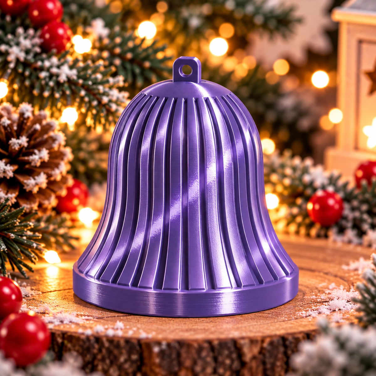Cloche décorative de Noël cannelée mauve silk, présentée seule, avec des lignes verticales en relief et un anneau de suspension. 