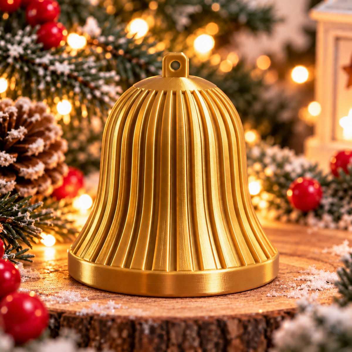 Cloche décorative de Noël cannelée or silk, présentée seule, avec des lignes verticales en relief et un anneau de suspension. 