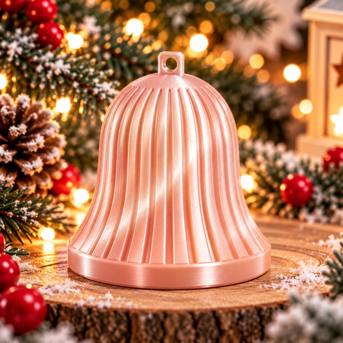 Cloche décorative de Noël cannelée rose silk, présentée seule, avec des lignes verticales en relief et un anneau de suspension. 