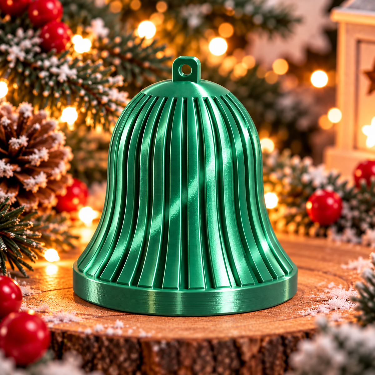Cloche décorative de Noël cannelée vert silk, présentée seule, avec des lignes verticales en relief et un anneau de suspension. 