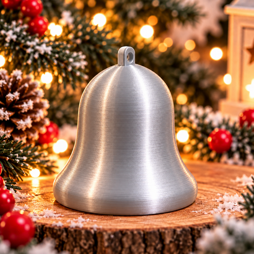 Cloche décorative de Noël au design classique Argent silk, montrée seule, avec un anneau intégré pour la suspendre. 
