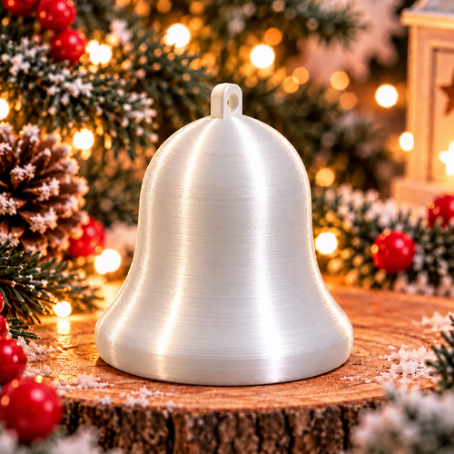 Cloche décorative de Noël au design classique Blanc silk, montrée seule, avec un anneau intégré pour la suspendre. 