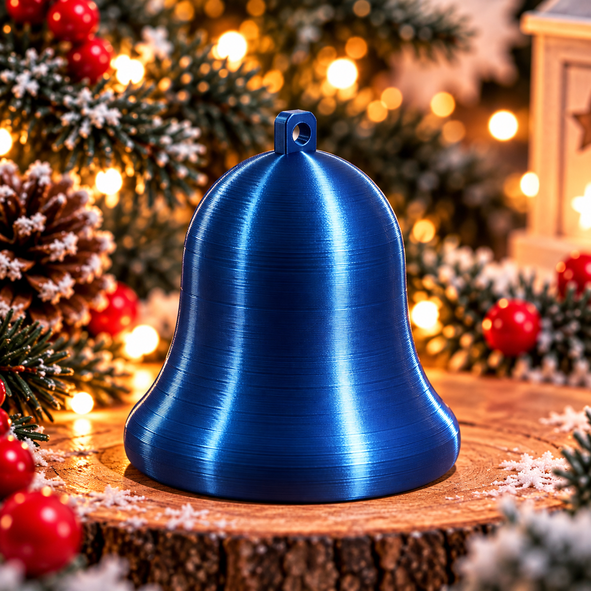Cloche décorative de Noël au design classique Bleu silk, montrée seule, avec un anneau intégré pour la suspendre. 