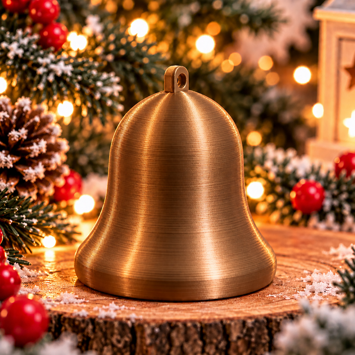 Cloche décorative de Noël au design classique Bronze silk, montrée seule, avec un anneau intégré pour la suspendre. 