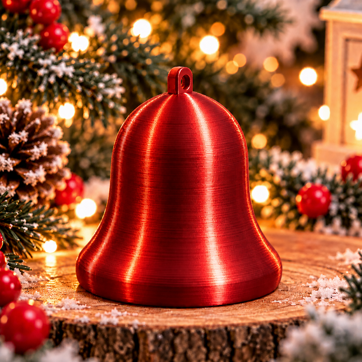 Cloche décorative de Noël au design classique Rouge silk, montrée seule, avec un anneau intégré pour la suspendre. 