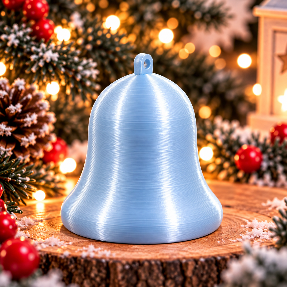 Cloche décorative de Noël au design classique Bleu pâle silk, montrée seule, avec un anneau intégré pour la suspendre. 