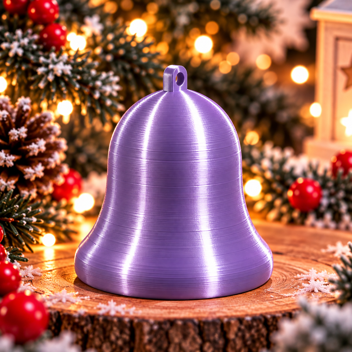 Cloche décorative de Noël au design classique Mauve silk, montrée seule, avec un anneau intégré pour la suspendre. 