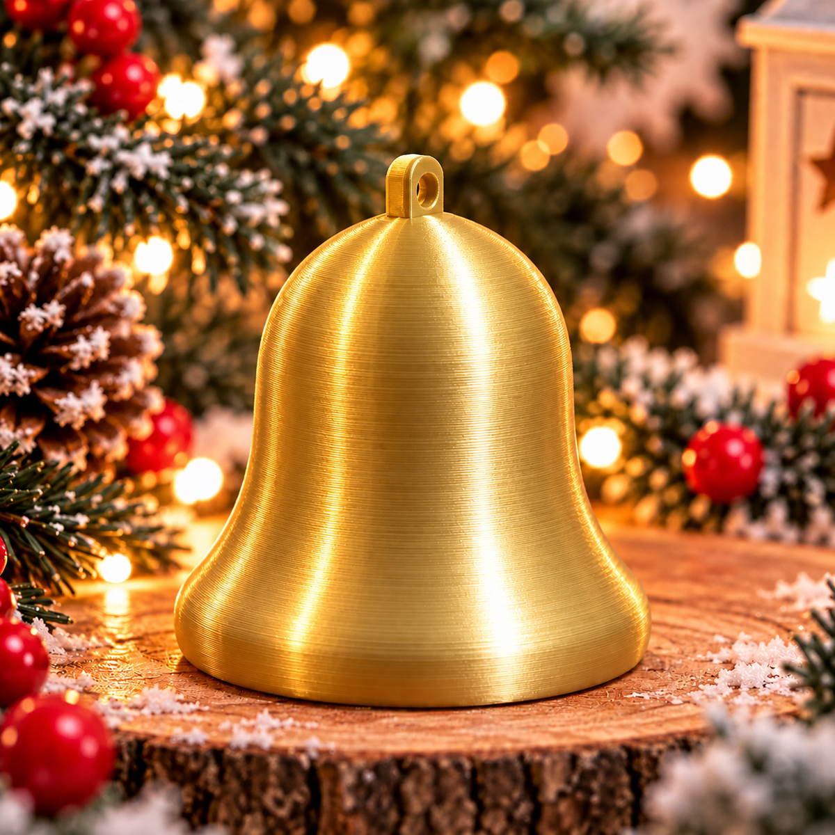 Cloche décorative de Noël au design classique Or silk, montrée seule, avec un anneau intégré pour la suspendre. 