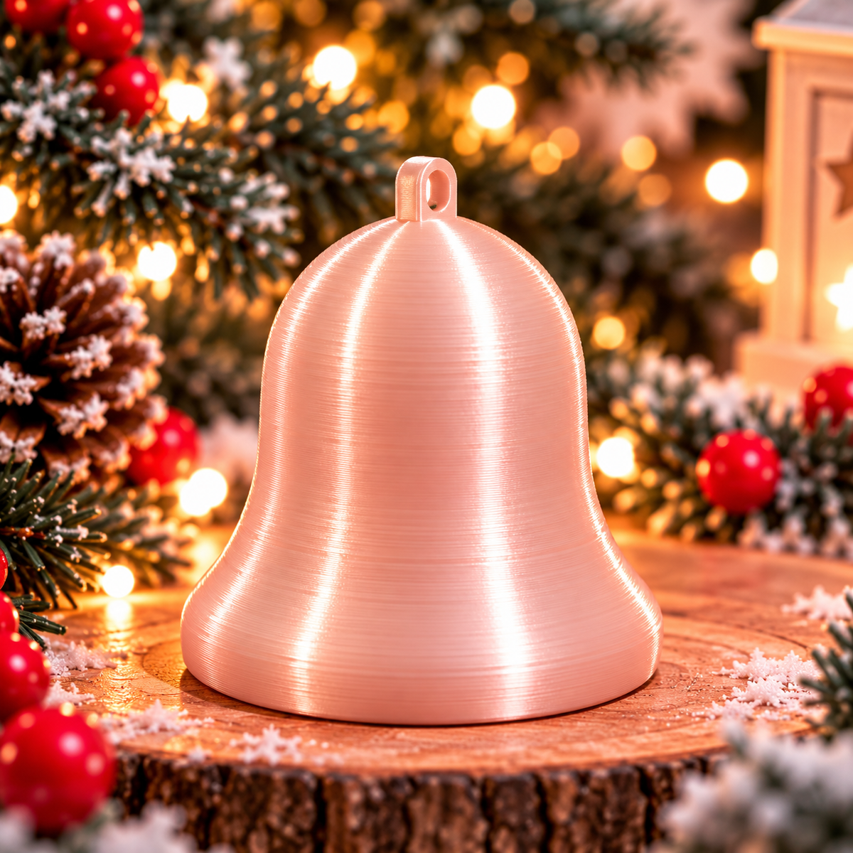 Cloche décorative de Noël au design classique Rose silk, montrée seule, avec un anneau intégré pour la suspendre. 