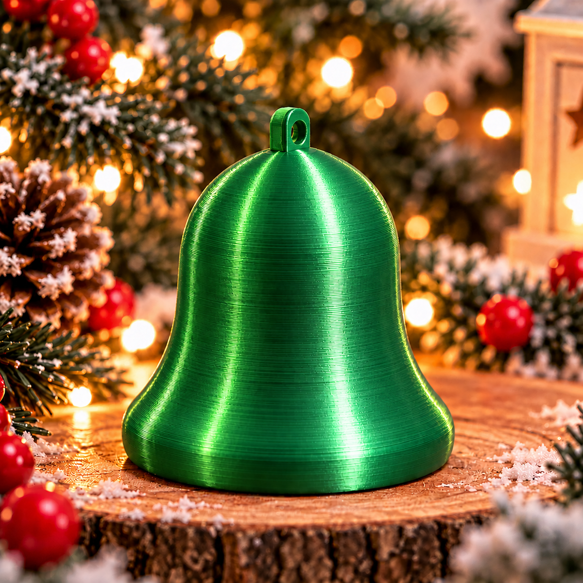 Cloche décorative de Noël au design classique Vert silk, montrée seule, avec un anneau intégré pour la suspendre. 