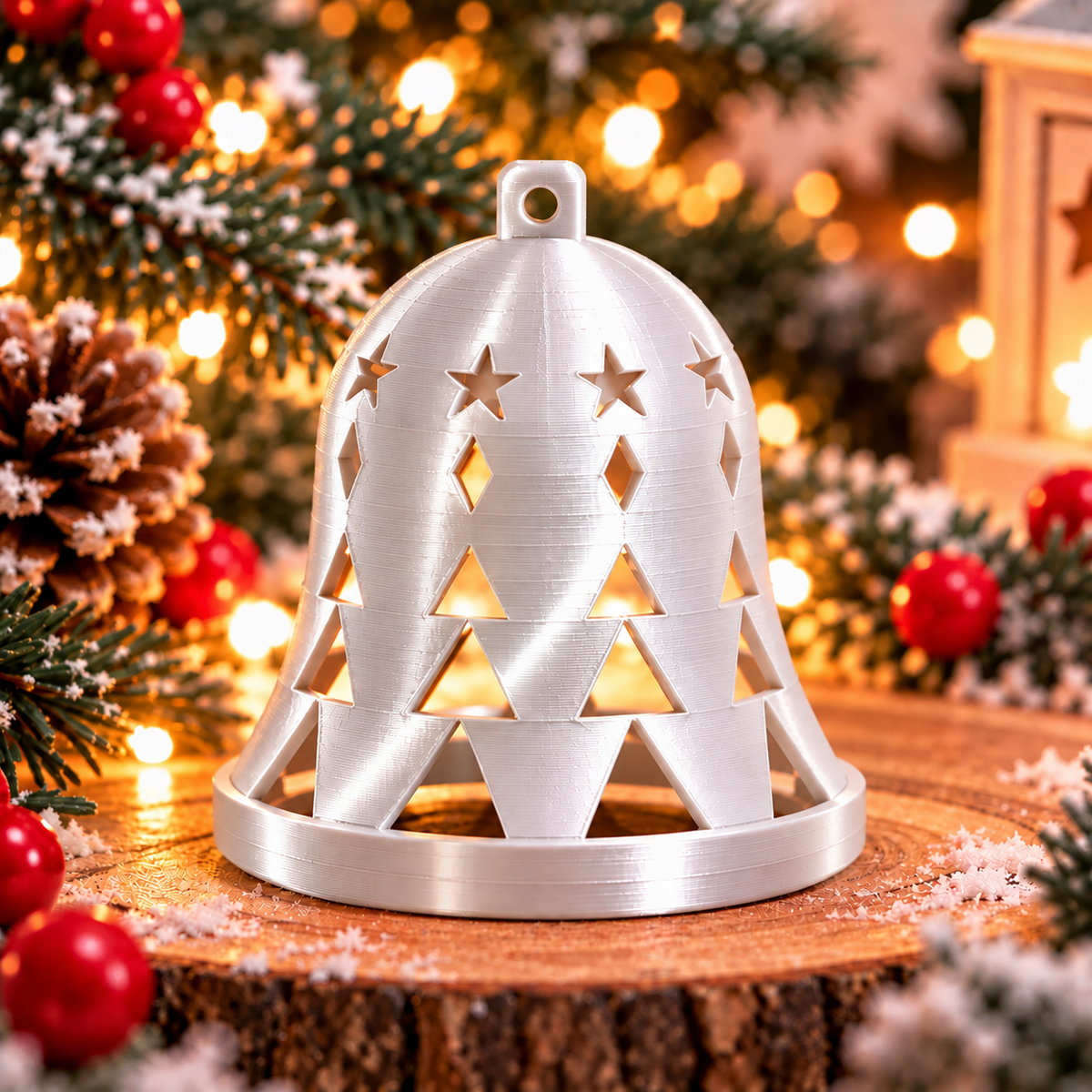 Cloche de Noël géométrique blanc silk avec des motifs ajourés d’étoiles, de losanges et de triangles, et un anneau de suspension.