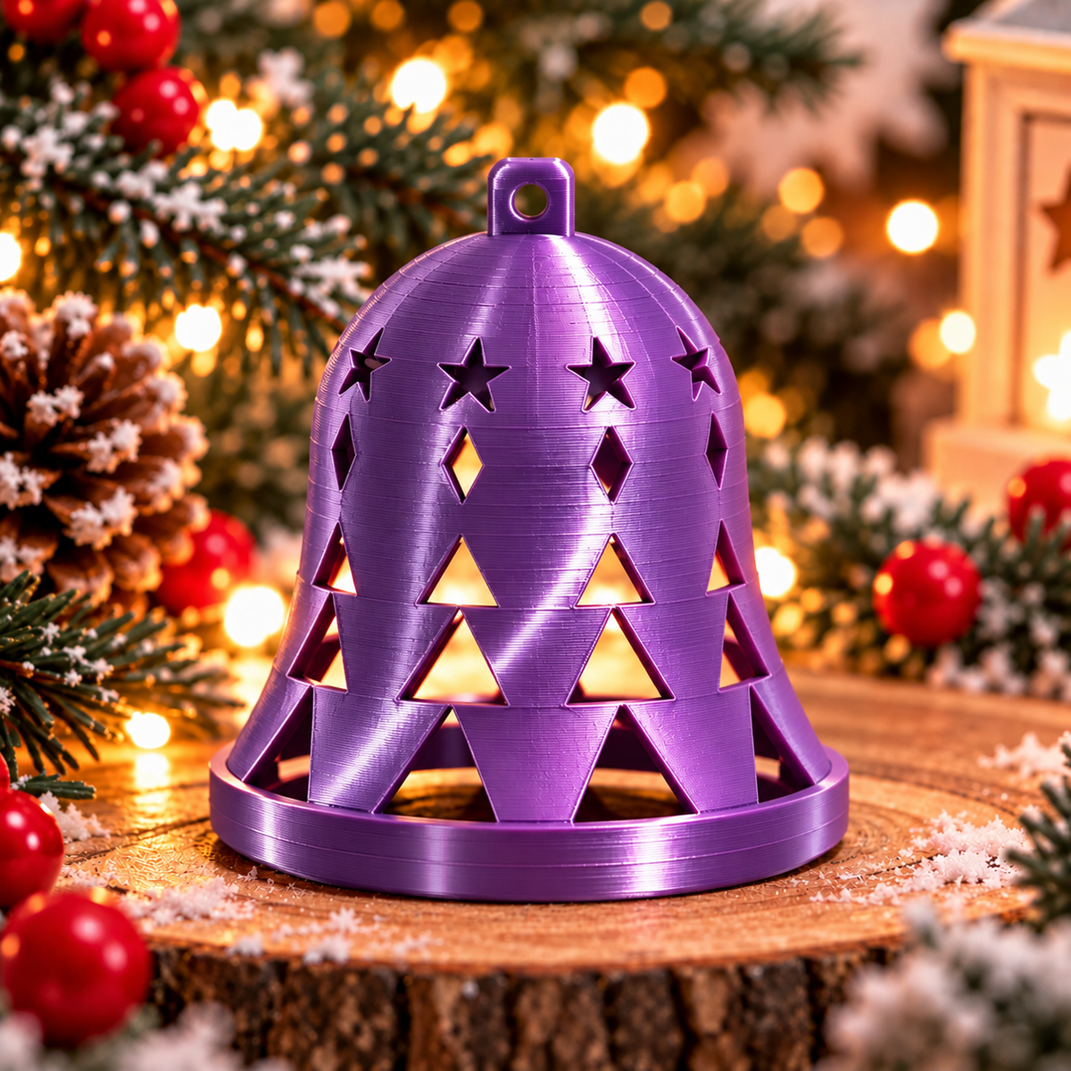 Cloche de Noël géométrique mauve silk avec des motifs ajourés d’étoiles, de losanges et de triangles, et un anneau de suspension.