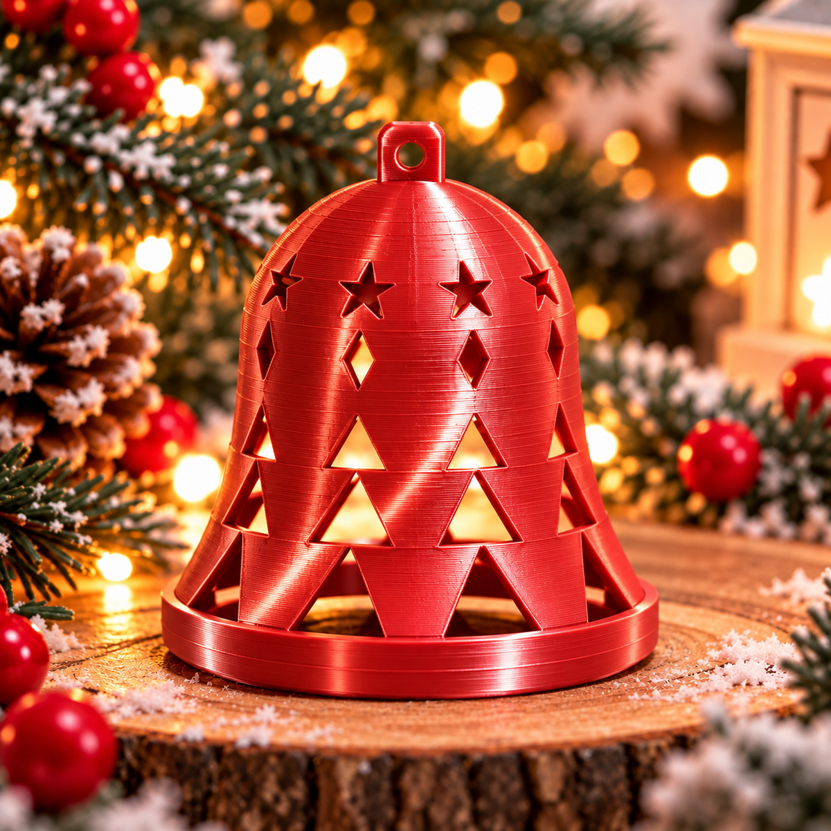Cloche de Noël géométrique rouge silk avec des motifs ajourés d’étoiles, de losanges et de triangles, et un anneau de suspension.