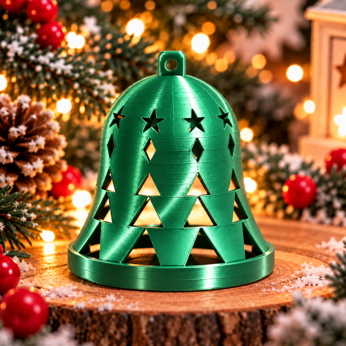 Cloche de Noël géométrique vert silk avec des motifs ajourés d’étoiles, de losanges et de triangles, et un anneau de suspension.