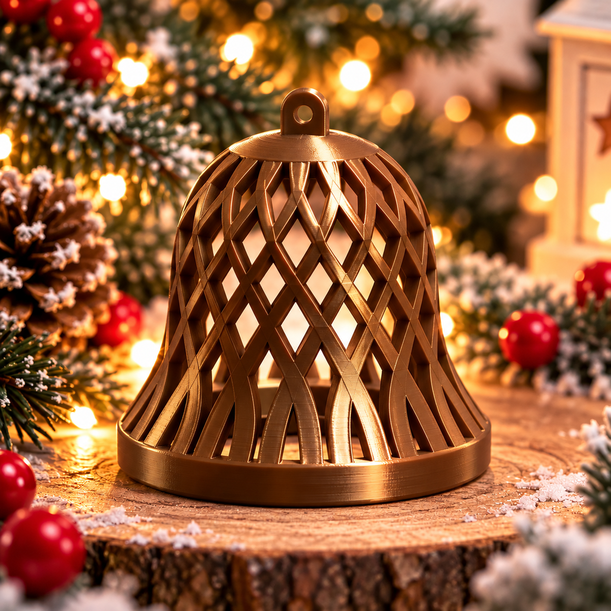 Cloche décorative de Noël tressée bronze silk, montrée seule, avec un motif ajouré entrecroisé et un anneau de suspension.