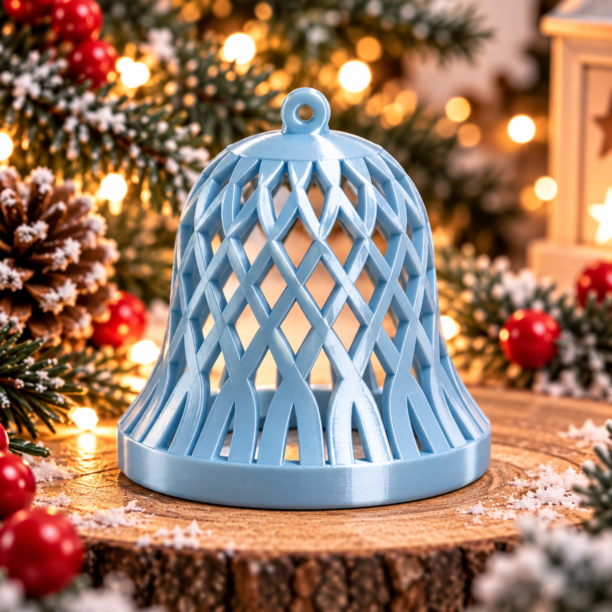 Cloche décorative de Noël tressée bleu pâle silk, montrée seule, avec un motif ajouré entrecroisé et un anneau de suspension.