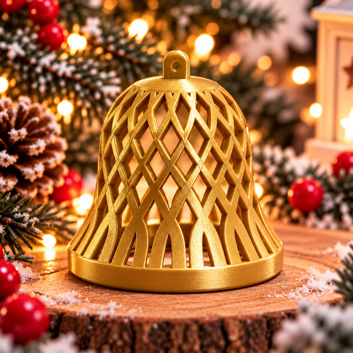 Cloche décorative de Noël tressée or silk, montrée seule, avec un motif ajouré entrecroisé et un anneau de suspension.