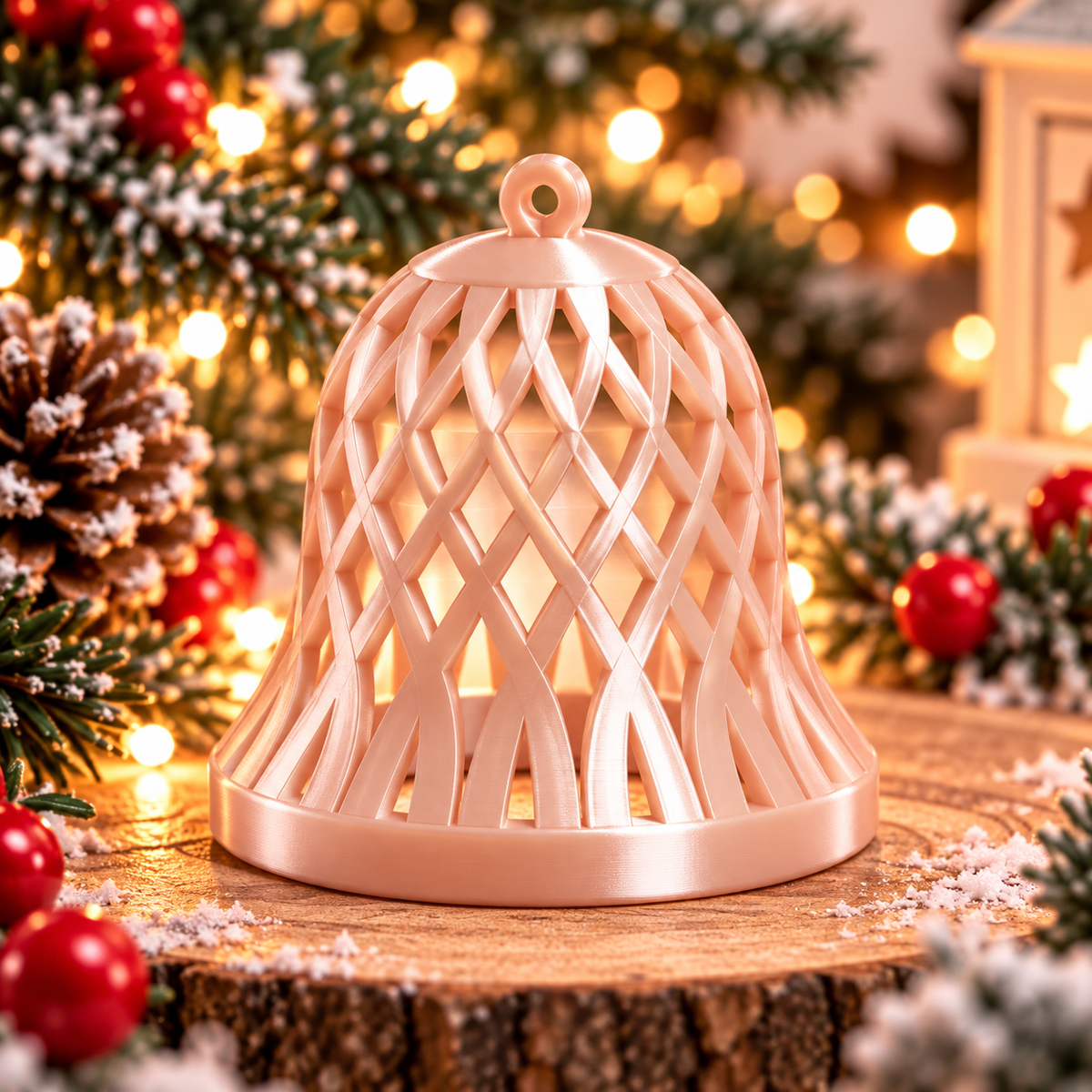 Cloche décorative de Noël tressée rose silk, montrée seule, avec un motif ajouré entrecroisé et un anneau de suspension.