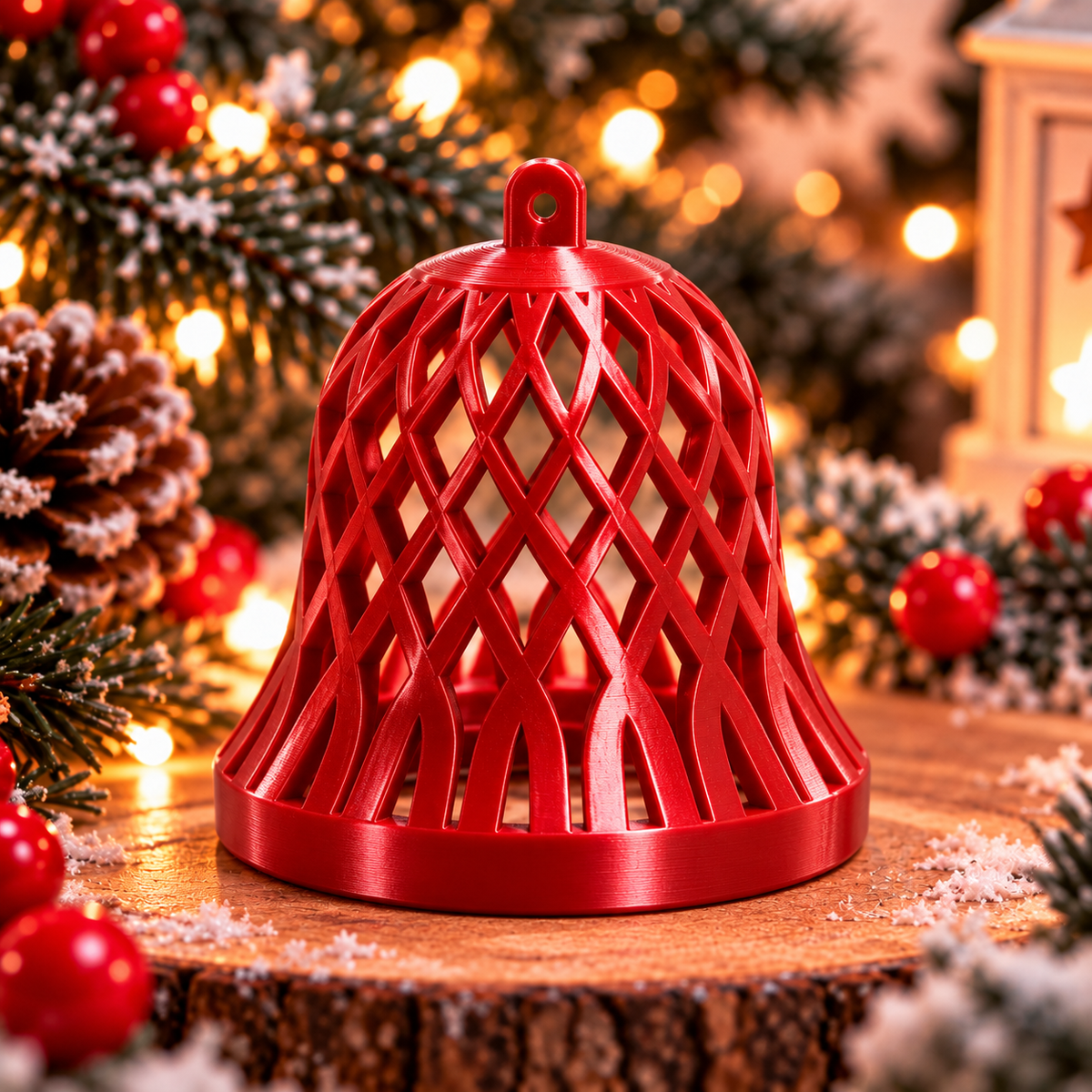 Cloche décorative de Noël tressée rouge silk, montrée seule, avec un motif ajouré entrecroisé et un anneau de suspension.