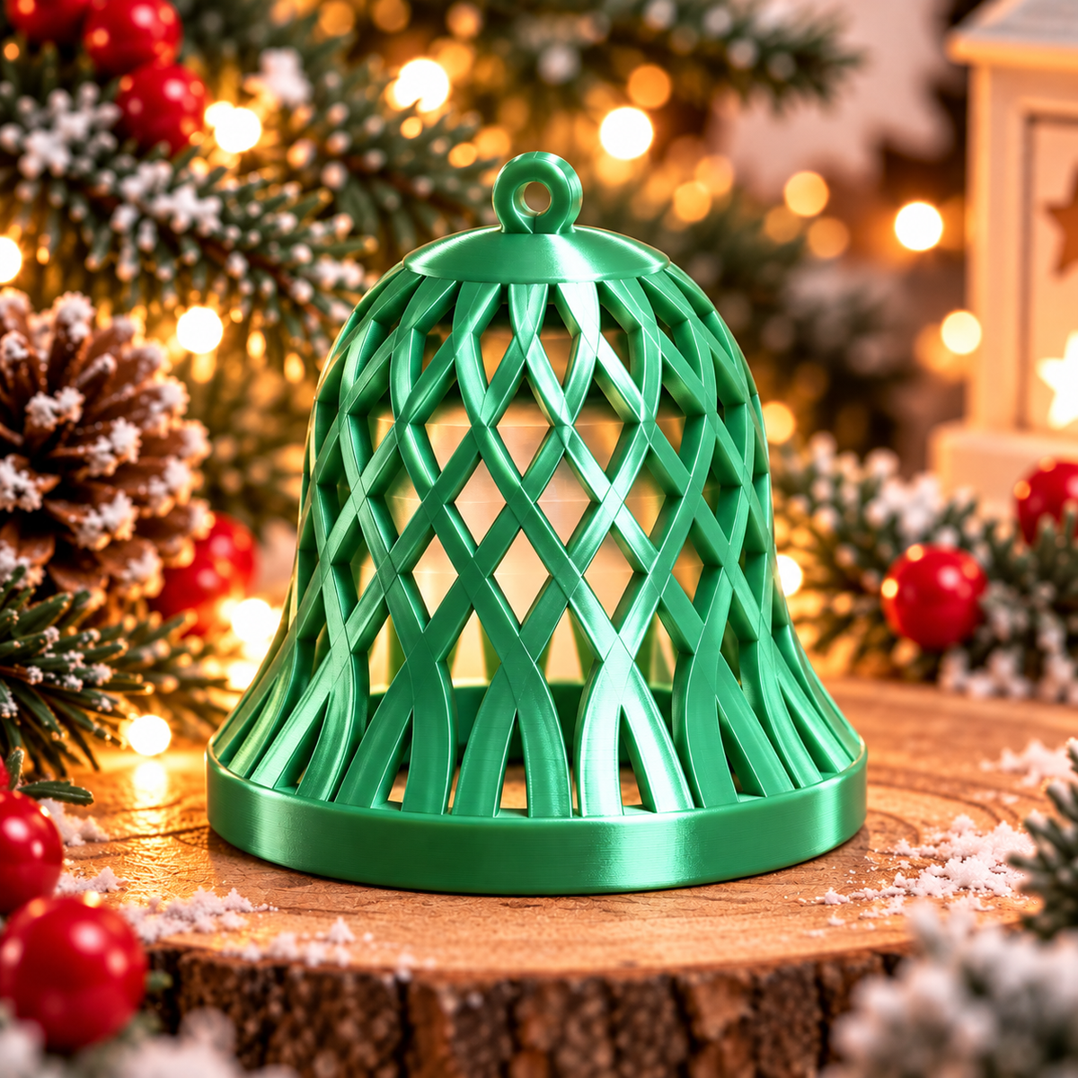Cloche décorative de Noël tressée vert silk, montrée seule, avec un motif ajouré entrecroisé et un anneau de suspension.