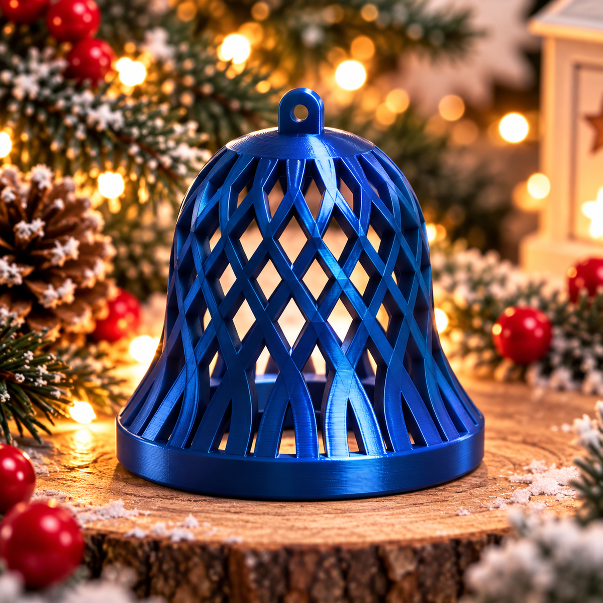 Cloche décorative de Noël tressée bleu silk, montrée seule, avec un motif ajouré entrecroisé et un anneau de suspension.