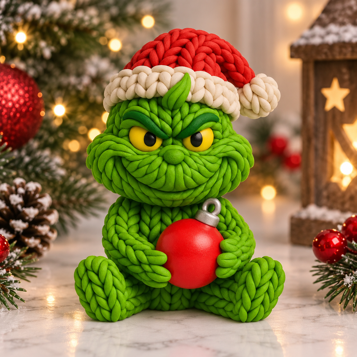 Figurine décorative de Noël verte imprimée en 3D, finition effet tricot, bonnet rouge et boule festive
