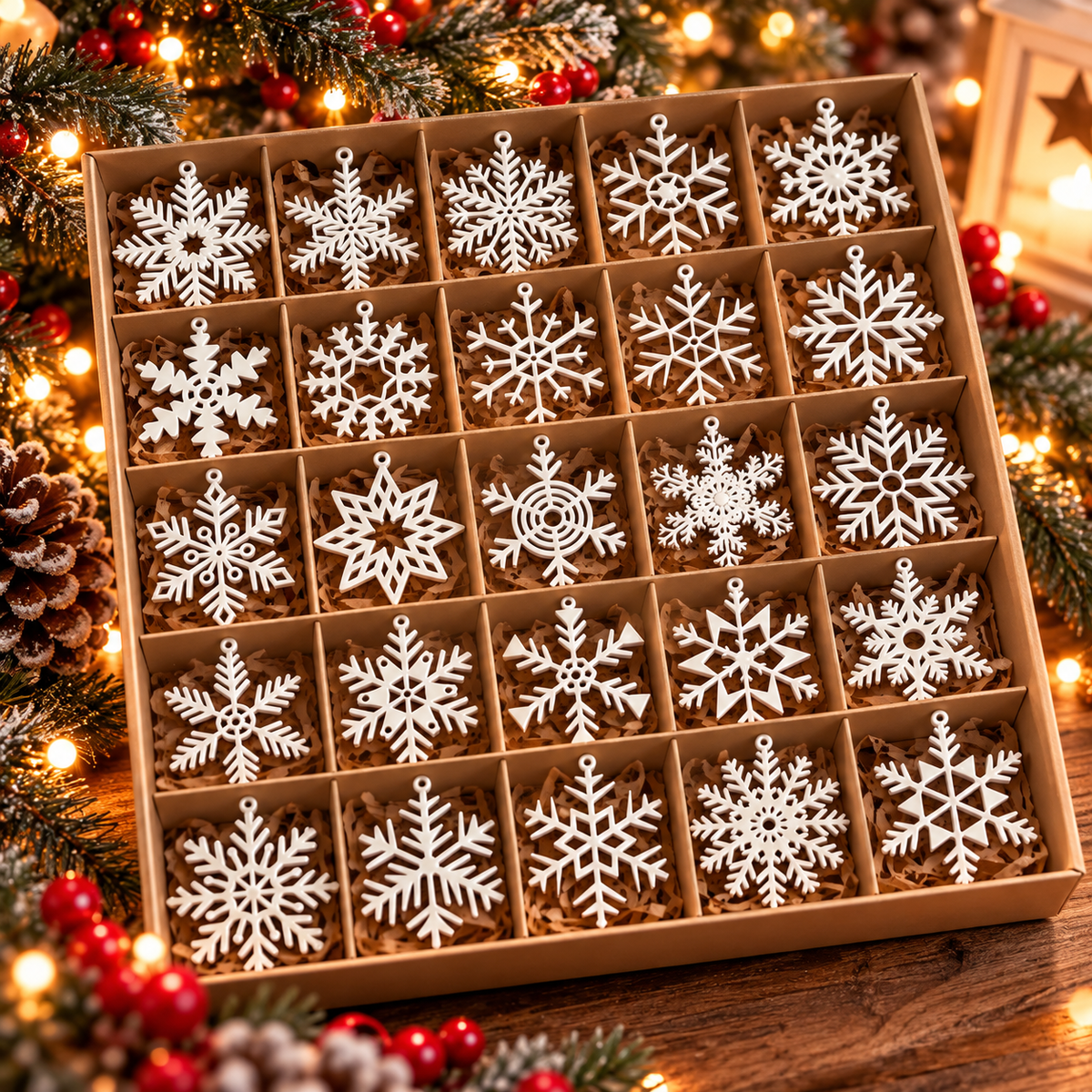 Ensemble de 25 flocons de Noël blancs imprimés en 3D, présentés ensemble avec des motifs variés