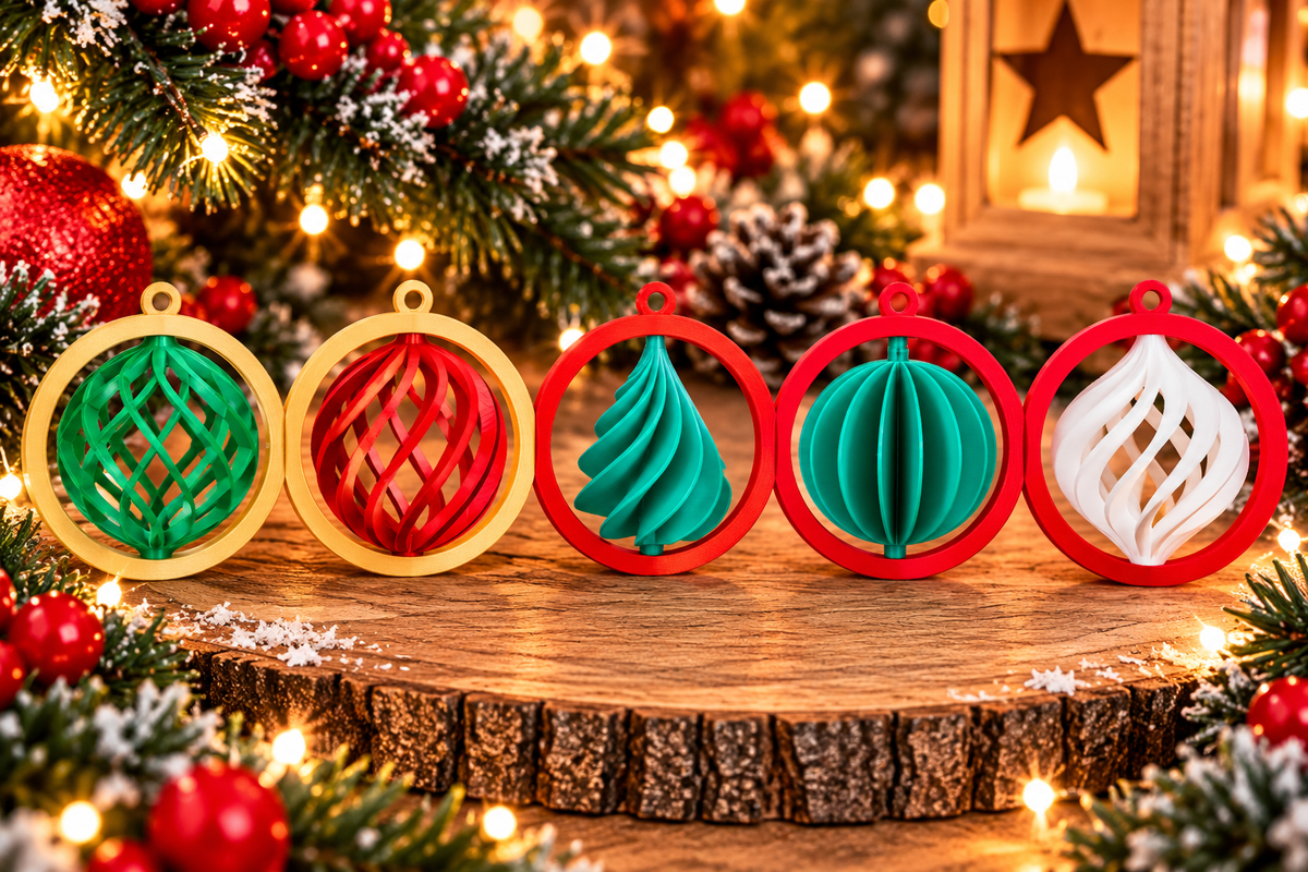 Lot de 5 ornements de Noël tournants imprimés en 3D au Québec, designs torsadés et ajourés