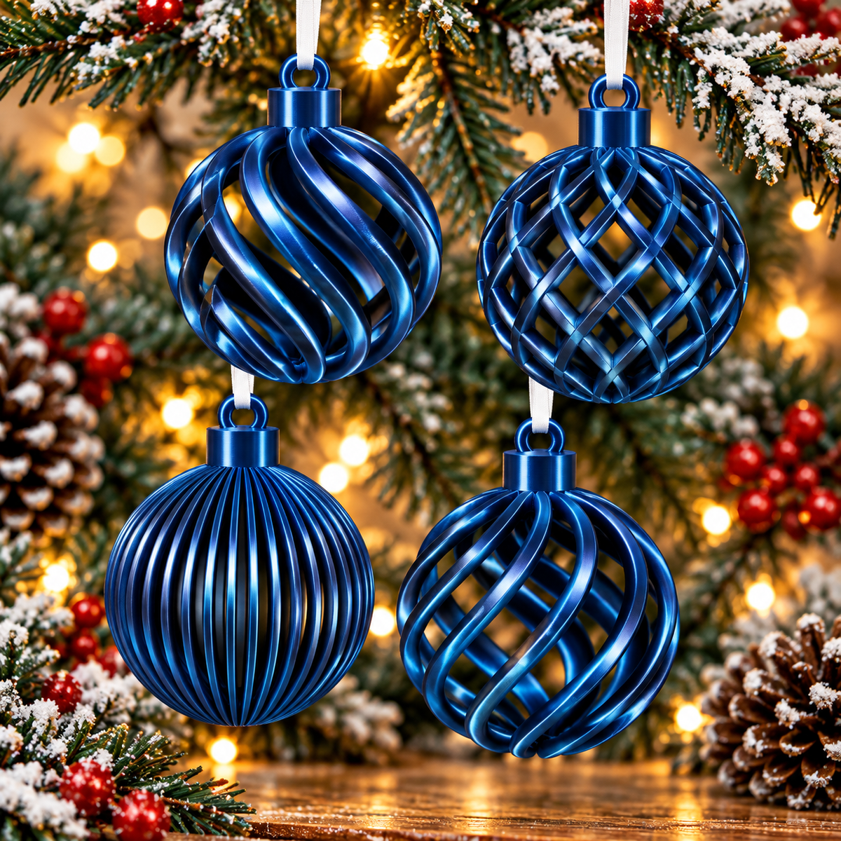  Ensemble de quatre boules de Noël ajourées imprimées en 3D Bleu Silk, quatre motifs différents avec finition brillante effet silk