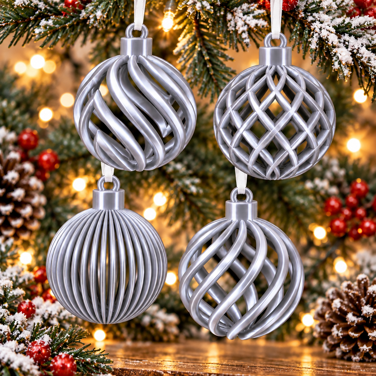  Ensemble de quatre boules de Noël ajourées imprimées en 3D Argent Silk, quatre motifs différents avec finition brillante effet silk