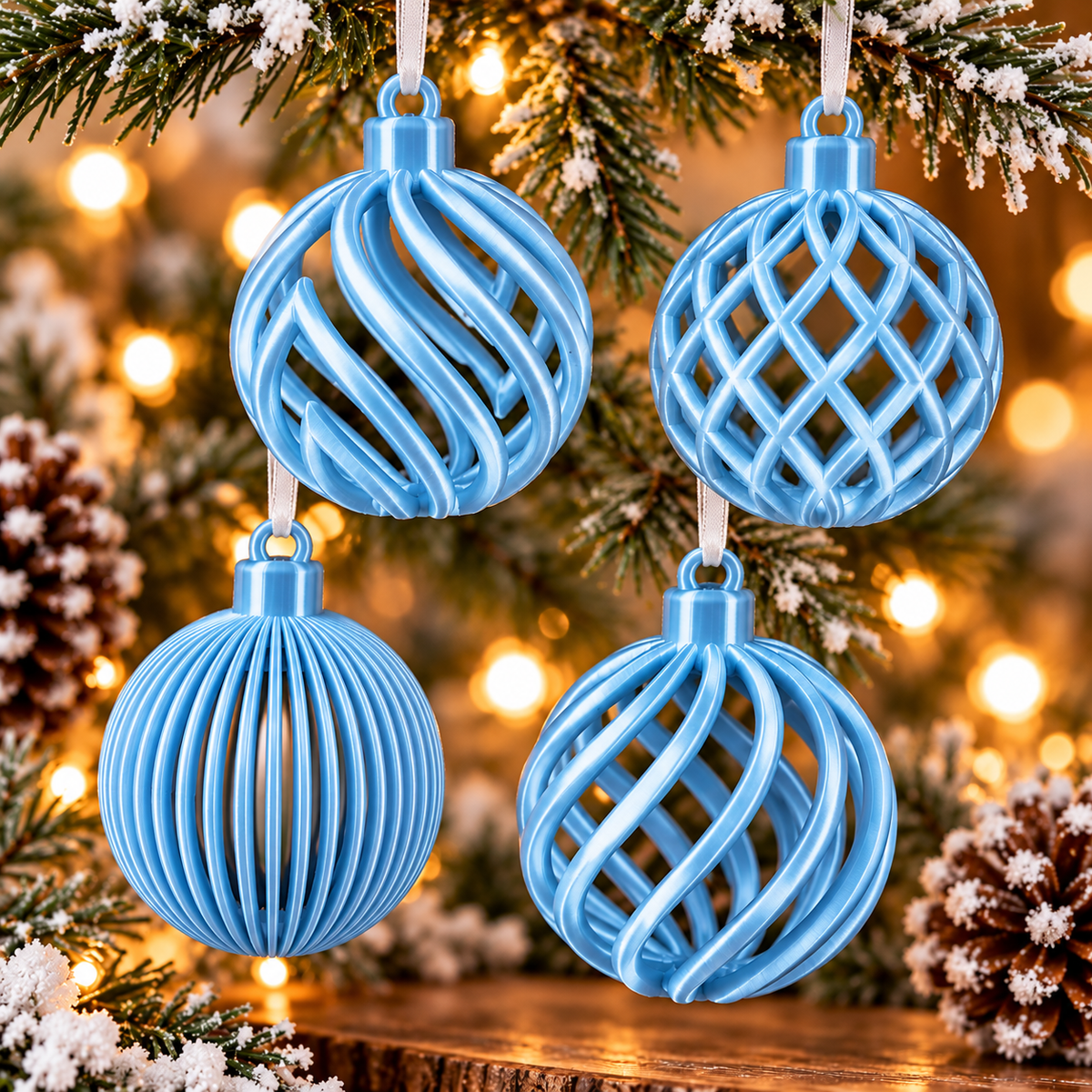  Ensemble de quatre boules de Noël ajourées imprimées en 3D Bleu pâle Silk, quatre motifs différents avec finition brillante effet silk