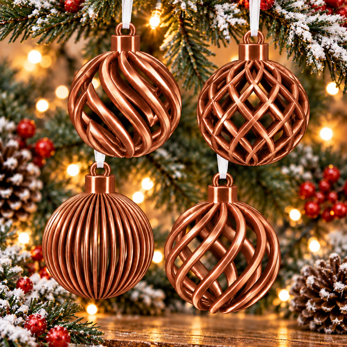  Ensemble de quatre boules de Noël ajourées imprimées en 3D Bronze Silk, quatre motifs différents avec finition brillante effet silk