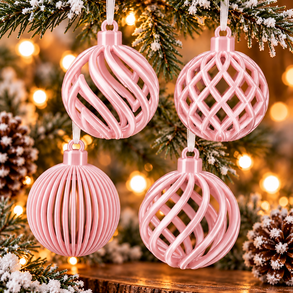  Ensemble de quatre boules de Noël ajourées imprimées en 3D Rose pâle silk, quatre motifs différents avec finition brillante effet silk