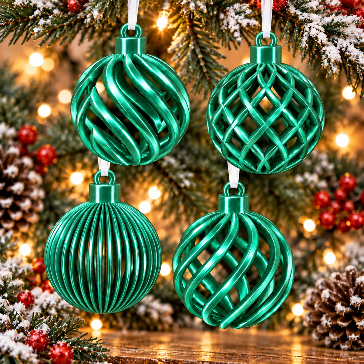 Ensemble de quatre boules de Noël ajourées imprimées en 3D Vert Silk, quatre motifs différents avec finition brillante effet silk