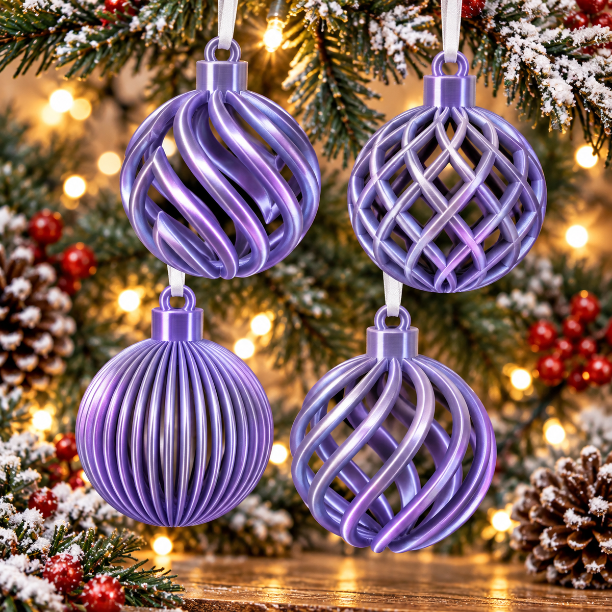  Ensemble de quatre boules de Noël ajourées imprimées en 3D Mauve silk, quatre motifs différents avec finition brillante effet silk