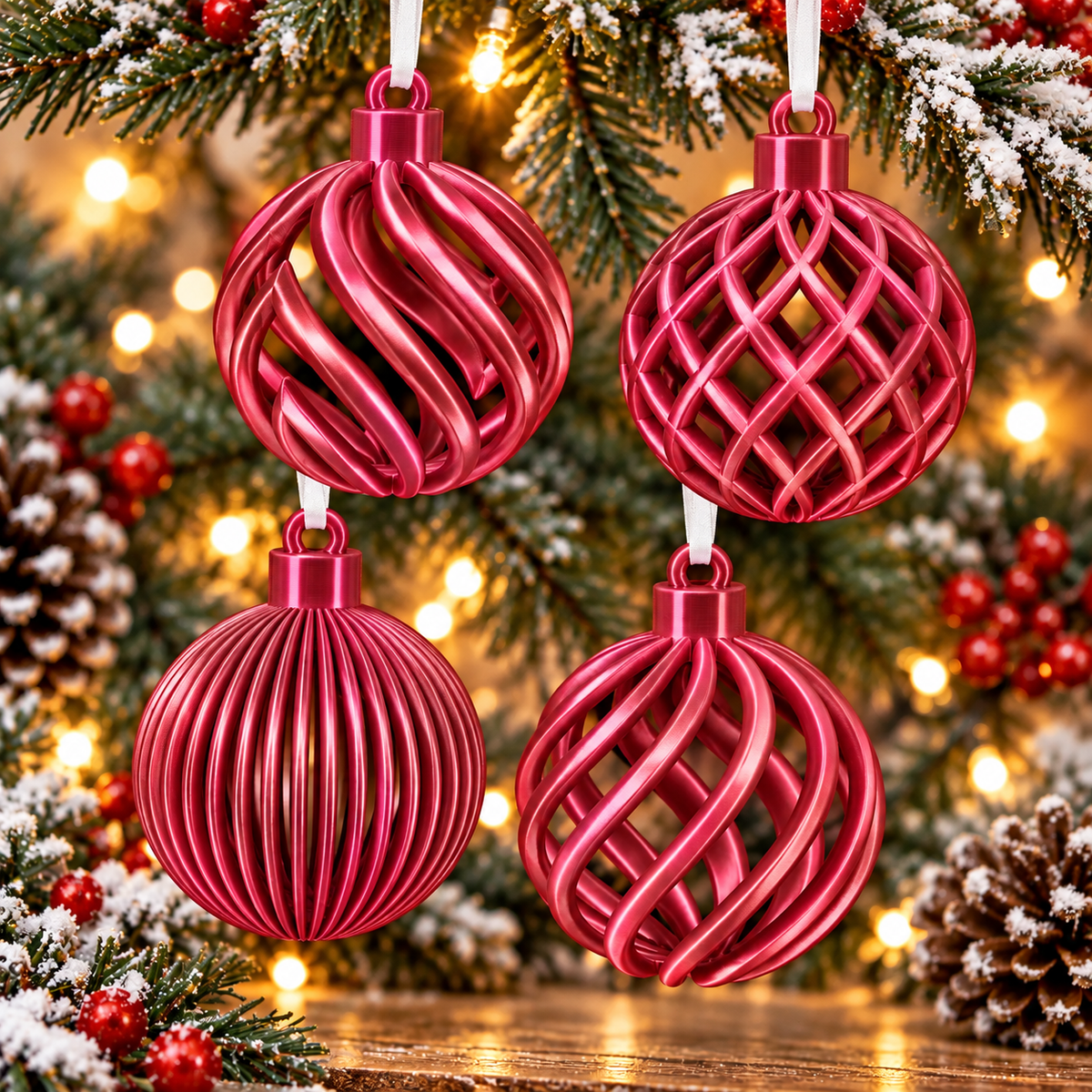  Ensemble de quatre boules de Noël ajourées imprimées en 3D Rouge silk, quatre motifs différents avec finition brillante effet silk