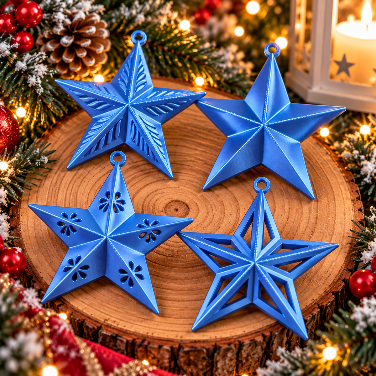 Ensemble de quatre étoiles de Noël Bleu Silk imprimées en 3D, quatre modèles différents à suspendre au sapin⠋