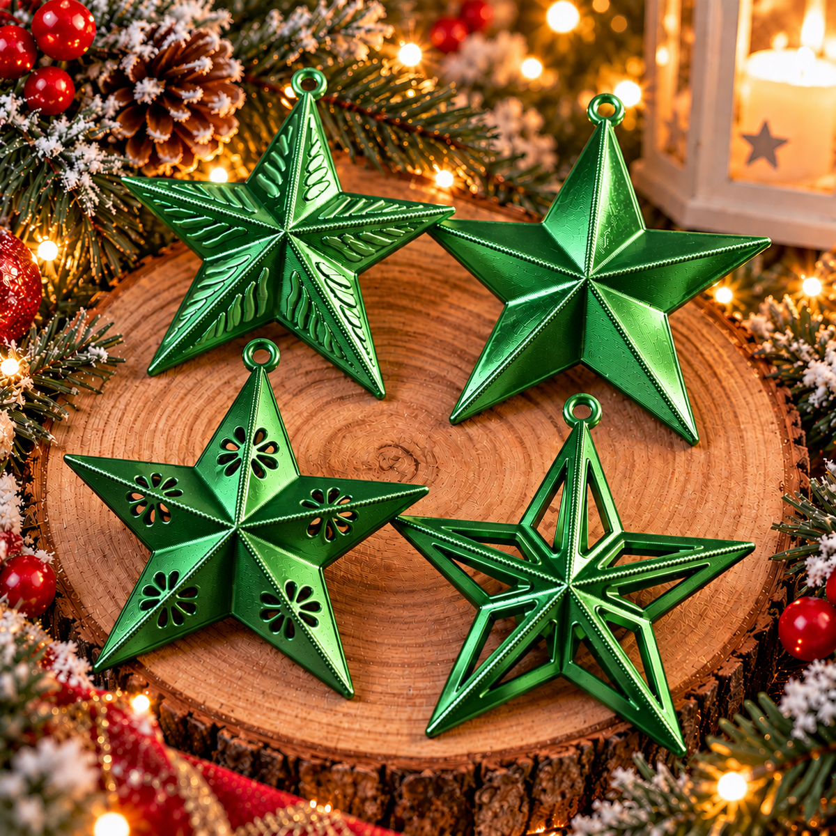 Ensemble de quatre étoiles de Noël Vert Silk imprimées en 3D, quatre modèles différents à suspendre au sapin⠋