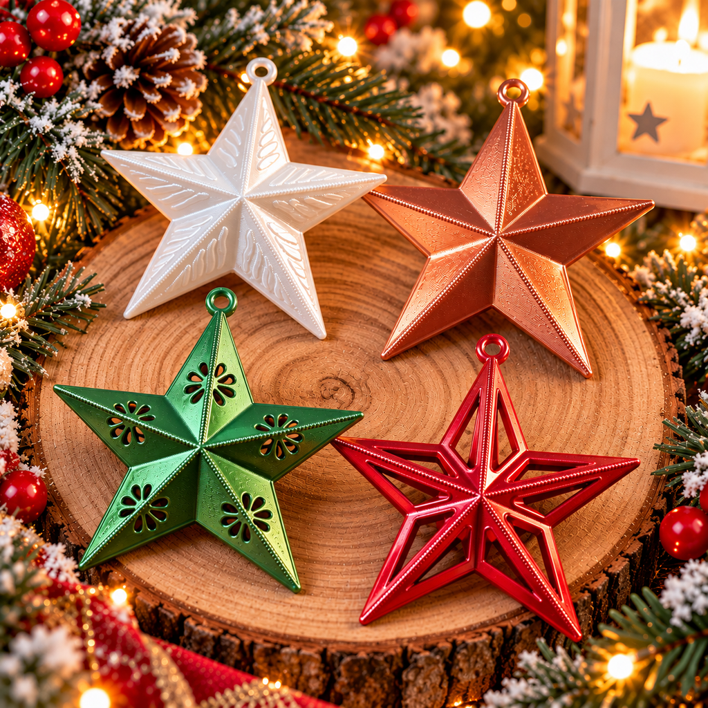 Ensemble de quatre étoiles de Noël imprimées en 3D, quatre modèles différents à suspendre au sapin⠋