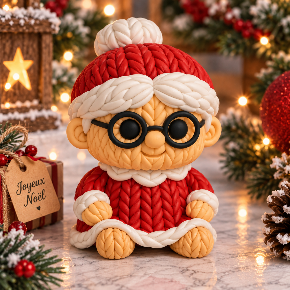 Figurine Maman Noël rouge imprimée en 3D avec lunettes, bonnet et finition effet tricot