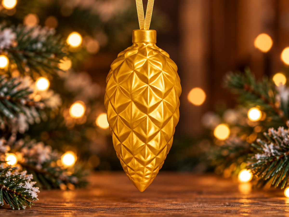  Décoration de sapin en forme de pomme de pin géométrique Or silk, imprimée en 3D avec attache intégrée