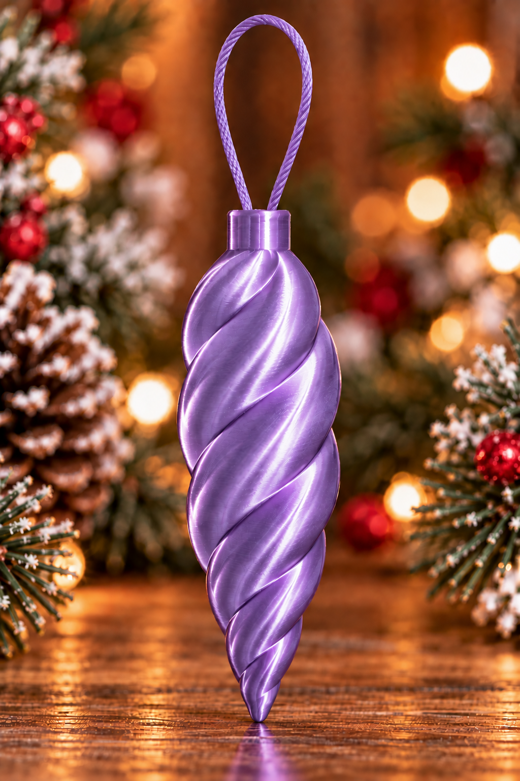 Décoration de sapin en forme de glaçon torsadé Mauve silk, imprimée en 3D avec finition brillante effet silk et attache intégrée