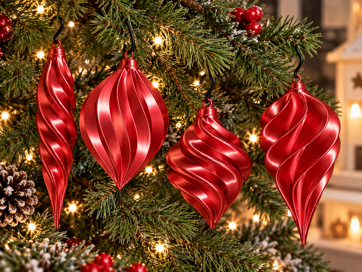  Lot de quatre ornements de Noël torsadés imprimés en 3D Rouge silk, finition brillante effet silk et crochets pour les suspendre